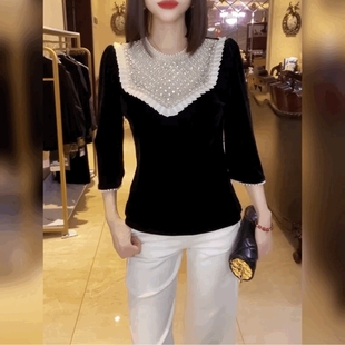 气质修身金丝绒黑色上衣小香风打底衫宫廷风重工钉珠丝绒T恤衫女