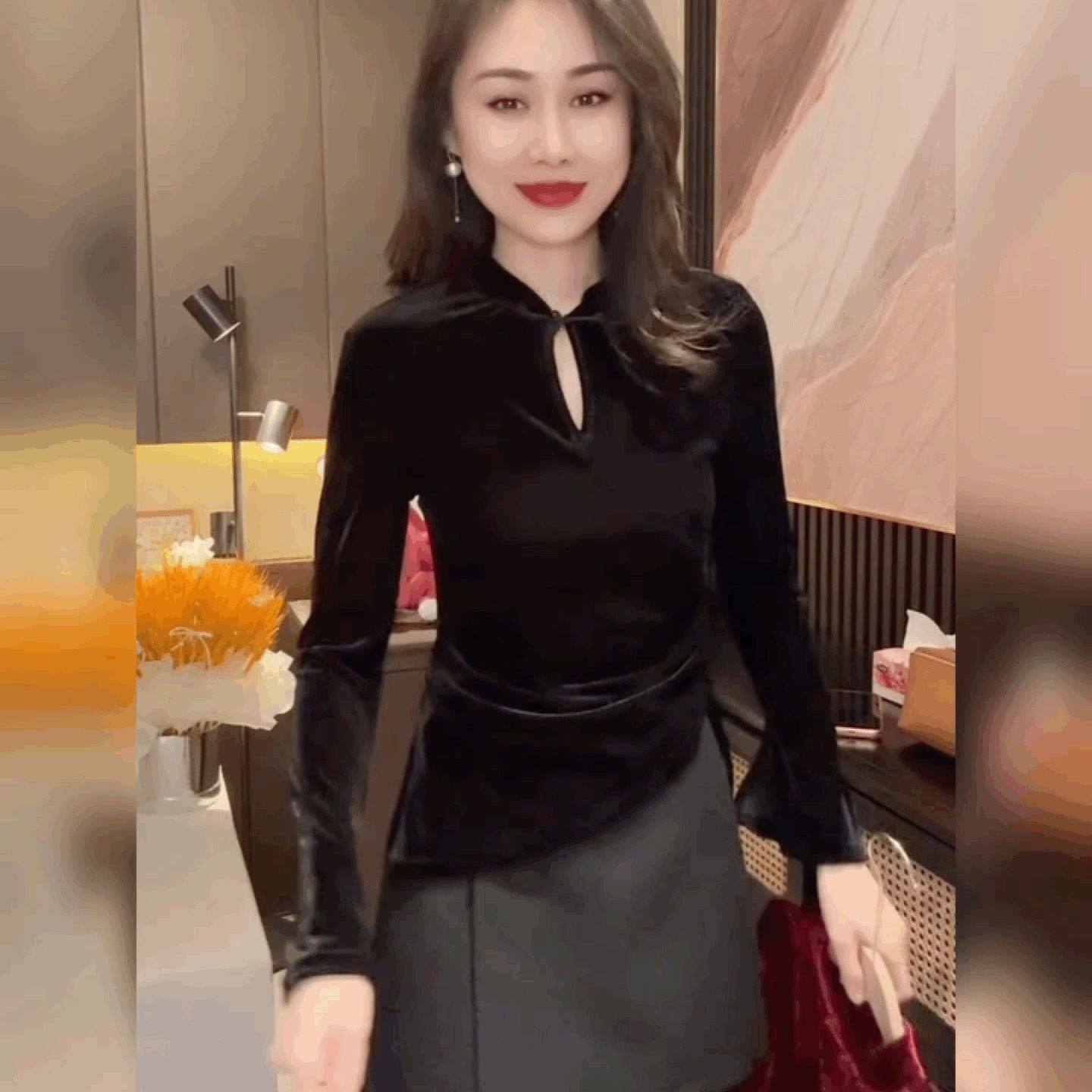 新中式国风打底衫丝绒喇叭袖修身T恤女复古网红黑色唐装盘扣上衣,女装/女士精品,T恤,淘宝优惠券,粉丝福利购,淘宝优惠卷