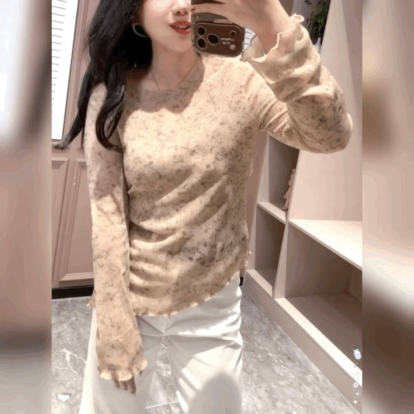 碎花设计感蕾丝T恤打底衫女弹力不规则底边小衫法式修身圆领上衣