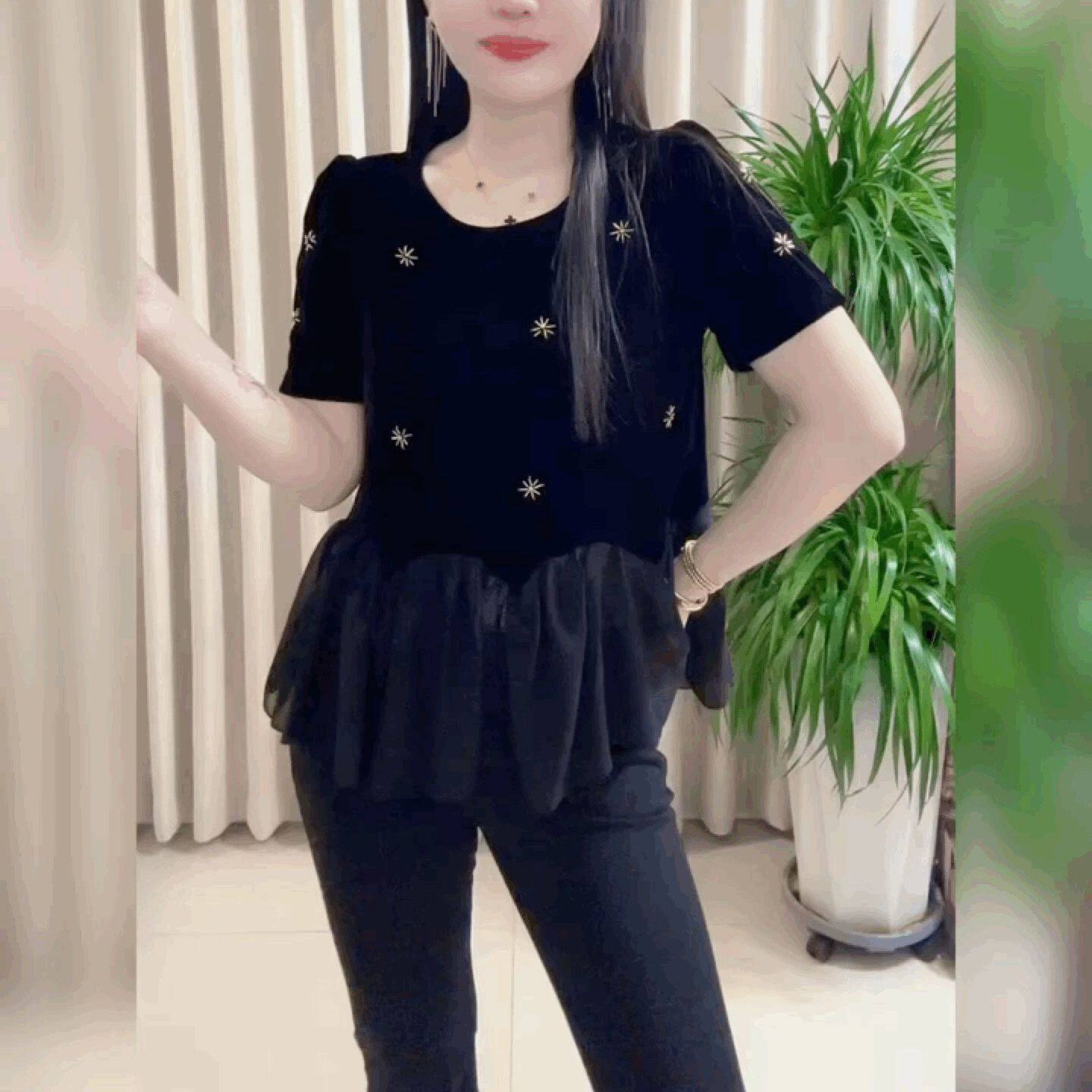 拼接打底衫镶钻法式黑色上衣女荷叶边短袖丝绒T恤女轻奢圆领雪纺