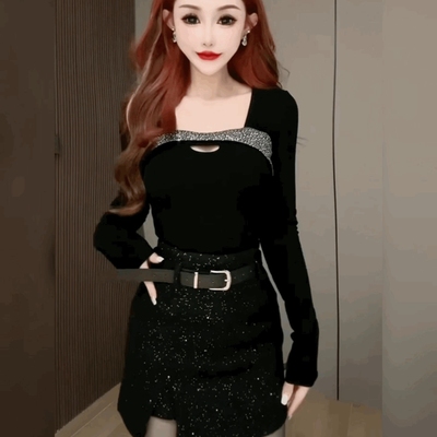 法式小众重工镶钻U领修身长袖t恤