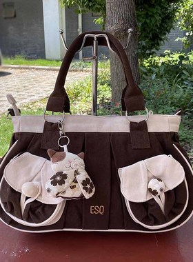 【ESQ专柜正品】纯棉帆布包女包*和服猫手拎斜挎两用包60960
