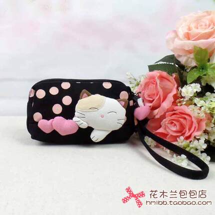 特价ESQ可爱猫咪棉布帆布女双拉链苹果13手机包化妆包收纳包80795