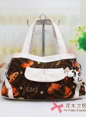 ESQ纯棉帆布包女包拼色猫双拉链大单肩包旅行包61009