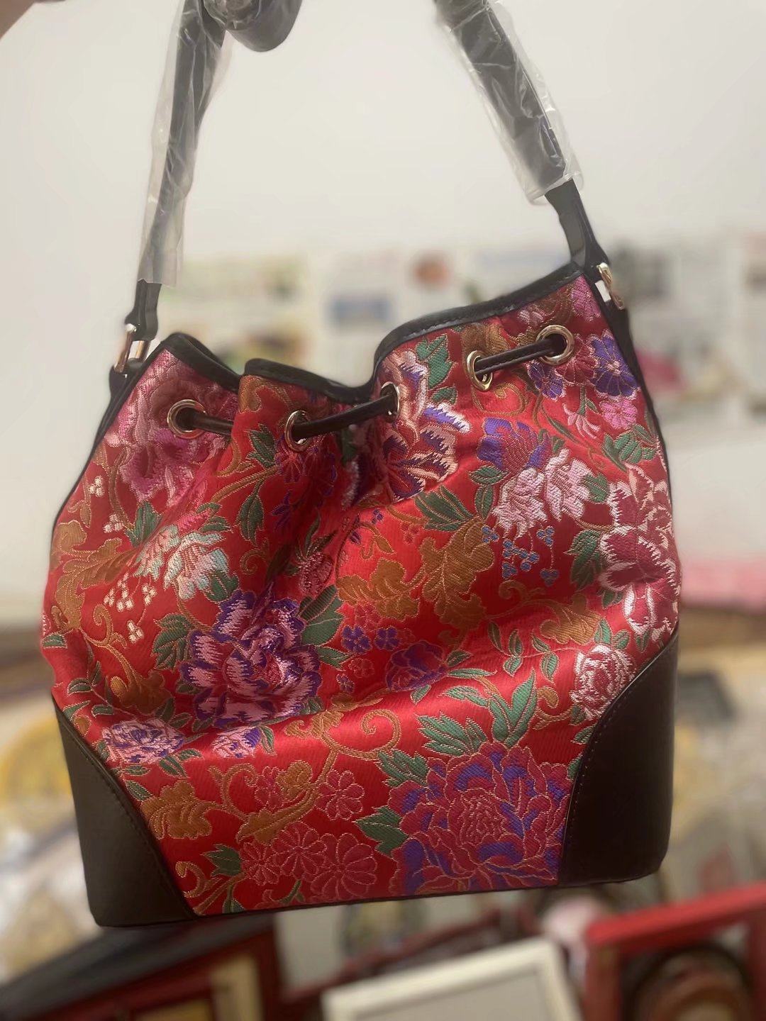 女士真皮云锦手提包中国风特色手工艺经典波士顿包民族礼品送老外