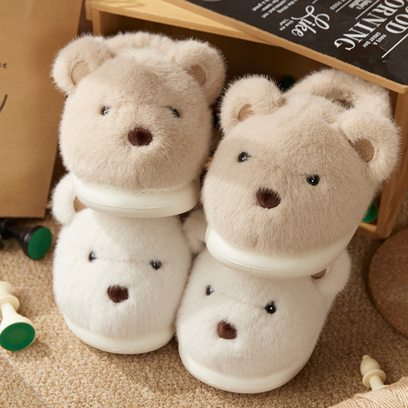 可爱小熊棉拖鞋女2024新款秋冬季室内居家防滑保暖情侣毛毛绒棉鞋