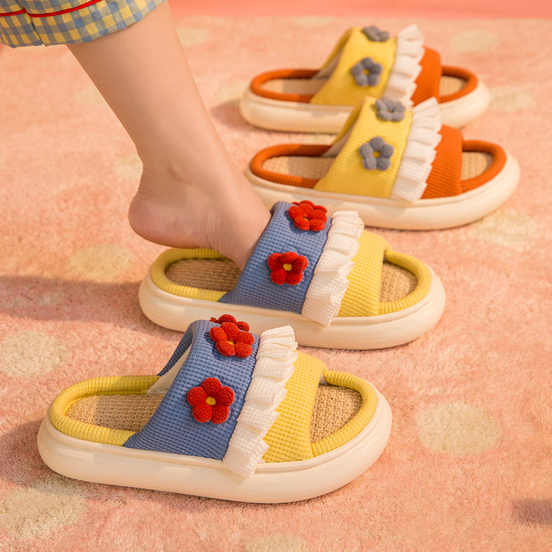 棉麻拖鞋室内家居亚麻女高端吸汗静音可爱花朵春秋四季亚麻拖鞋男