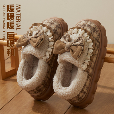蝴蝶结棉拖鞋女冬季2024新款室内居家用厚底加绒保暖包跟拖鞋冬天