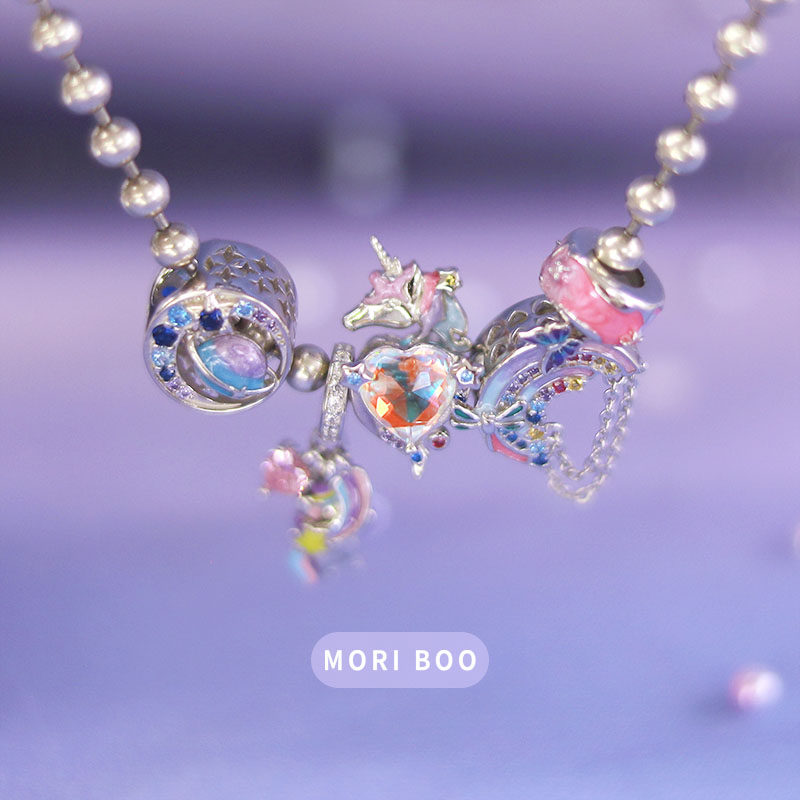 猫哩卟梦幻独角兽925银串珠紫色星球彩虹珠子吊坠公主风手链手镯
