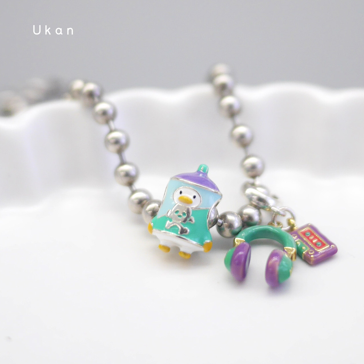 有看S925纯银复古配色骷髅鸭子磁带耳机DIY潘家通用手链挂坠串珠