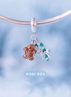 猫哩卟卡通姜饼人925银串珠吊坠雪花beads可爱珠子圣诞手链手镯女