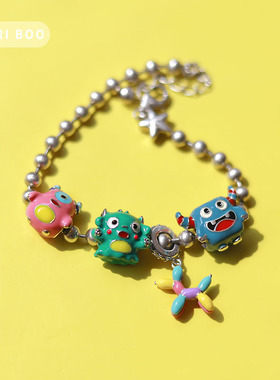 猫哩卟卡通糖果色小怪兽气球狗925银串珠可爱beads手链手镯彩珠