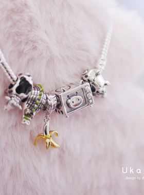 有看S925银串珠简约素银猪猪微波炉章鱼恐龙散珠潘家手链配件手镯