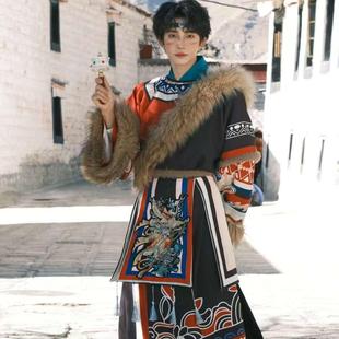 新男款西藏藏袍冬保暖藏族少年郎服装少数民族风长袍情侣旅拍套装