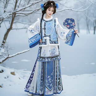 加厚复古民族风晚清晋商少奶奶盘扣加绒马甲汉服套装清汉女格格服