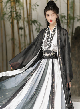 宋制曹县汉服男女同款成人长褙子齐腰裙黑色武侠水墨风日常