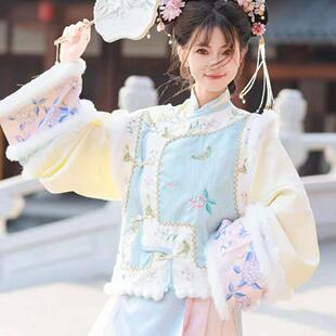 女漫蓝重工刺绣加绒马甲汉服套装冬款加绒格格服清代宫廷风格格服