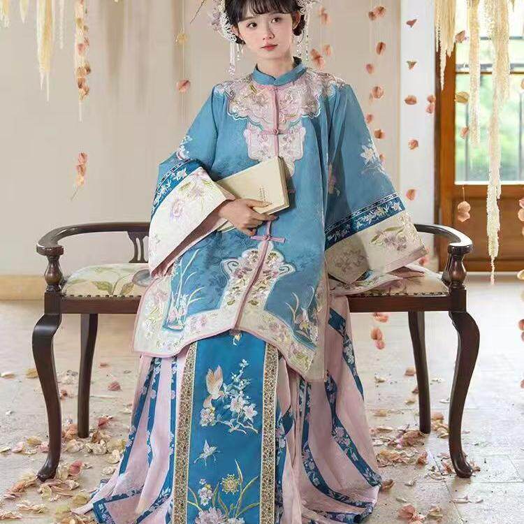 清汉女立领对襟长衫复原中国风古装清代古典套装晋商少奶奶两件套