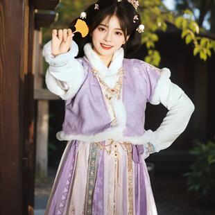 汉服女冬季三件套国风破裙冬季马甲套装唐制褙子女汉元素公主裙紫