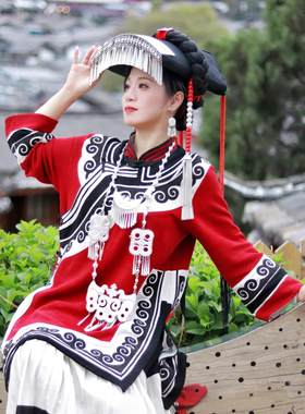 彝族苗族少女套装苗寨红色婚服