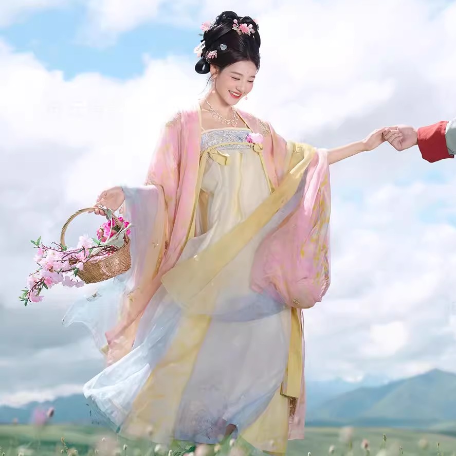 汉服女广袖诃子裙襦裙两件套花神国风婚纱照甜粉结婚照古装情侣