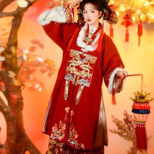 汉服女半袖长衫马面裙加厚冬中国风春节套装九霄龙吟明制古装对襟