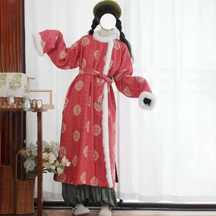 复古风保暖 红色大衣冬季 中式 风唐制圆领袍加绒加厚双面穿汉服上装