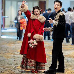 新中式国风红色毛呢外套女冬季呢子大衣新婚袍敬酒服结婚新娘过年