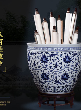 手绘青花缠枝莲景德镇陶瓷器画缸卷轴缸字画收纳筒书房落地摆件高