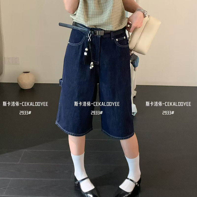 CKLY斯卡洛依2933新款夏季中腰配腰带挂饰牛仔短裤无弹阔腿五分裤
