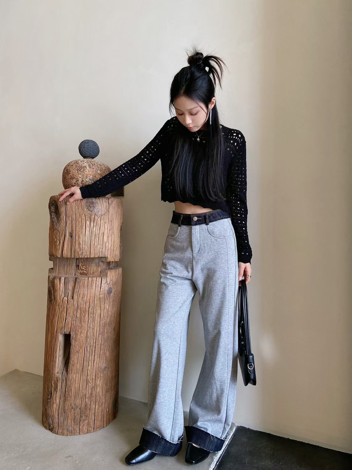 欧货2025春季新款拼接牛仔翻边阔腿长裤女简约百搭显瘦直筒卫裤女