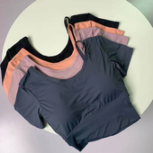 带胸垫无钢圈弹力女子T恤训练健身吸湿速干透气瑜伽圆领紧身短袖