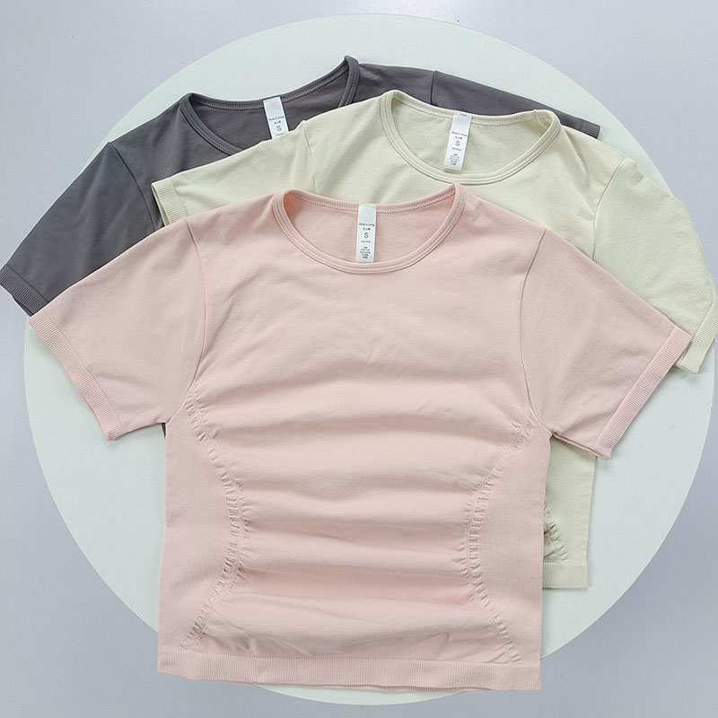 褶皱收腰显瘦女圆领运动上衣薄款新款夏透气修身百搭瑜伽服短袖