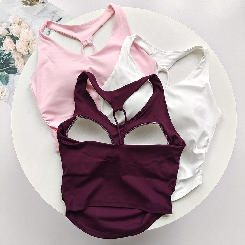 洋红紫固定杯减震瑜伽美背女跑步普拉提挂脖镂空运动上衣健身背心