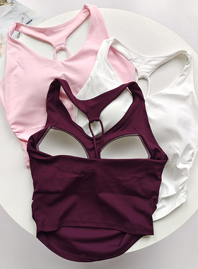 洋红紫固定杯减震瑜伽美背女跑步普拉提挂脖镂空运动上衣健身背心