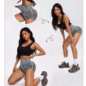 瑜伽短裤 豹纹 女外穿抽褶显腿长高腰提臀紧身显瘦运动健身跑步裤