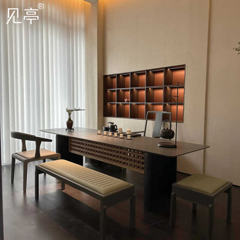 新中式黑胡桃白蜡木极简茶桌见亭