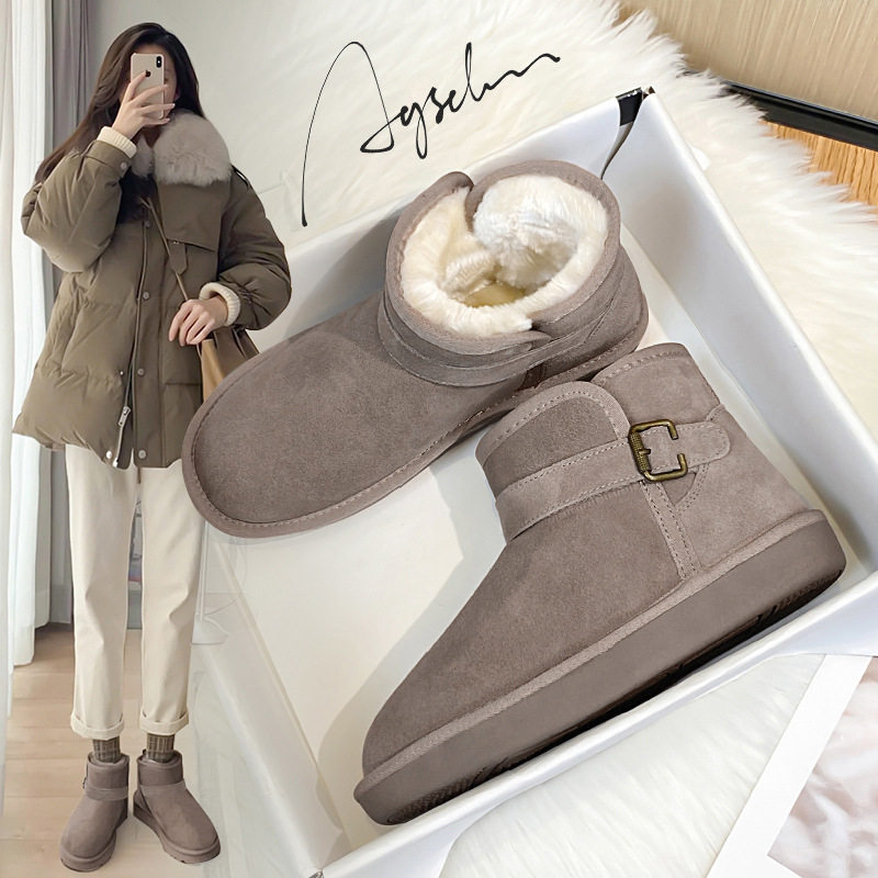 奥古狮登雪地靴女款2023新款冬加绒加厚东北防滑保暖短筒真皮棉鞋