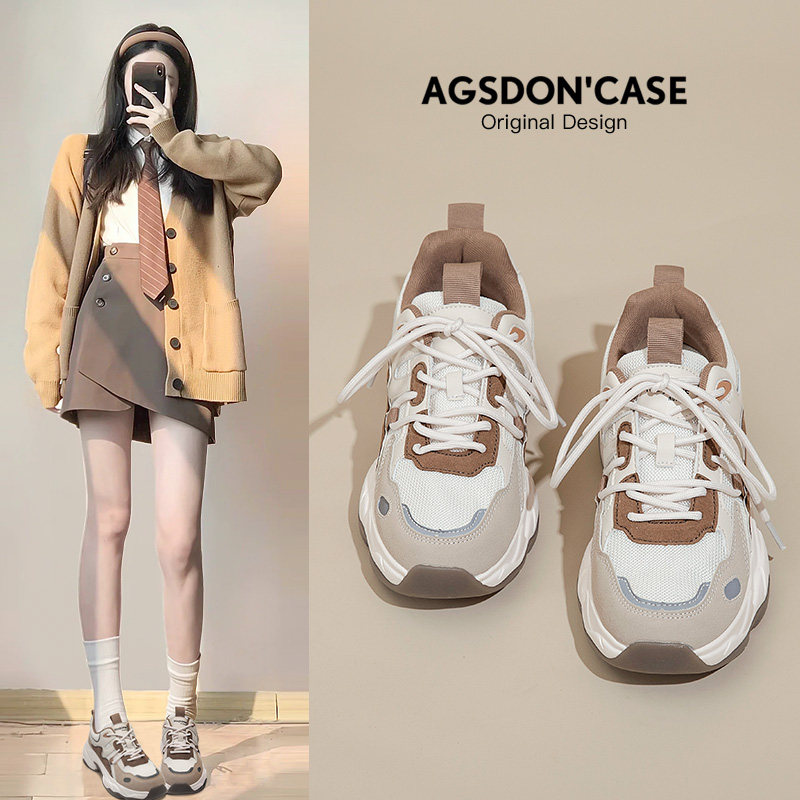 奥古狮登老爹鞋女款2023新款春夏复古厚底杏色女鞋阿甘鞋爆款休闲