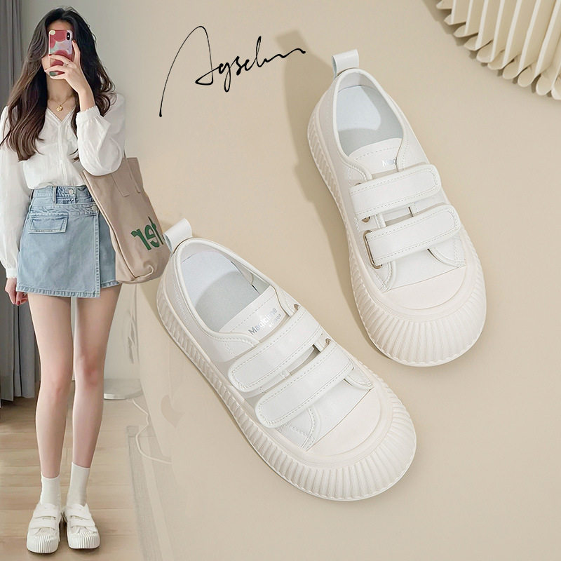 奥古狮登魔术贴小白鞋女夏季2023新款百搭帆布饼干鞋厚底板鞋运动