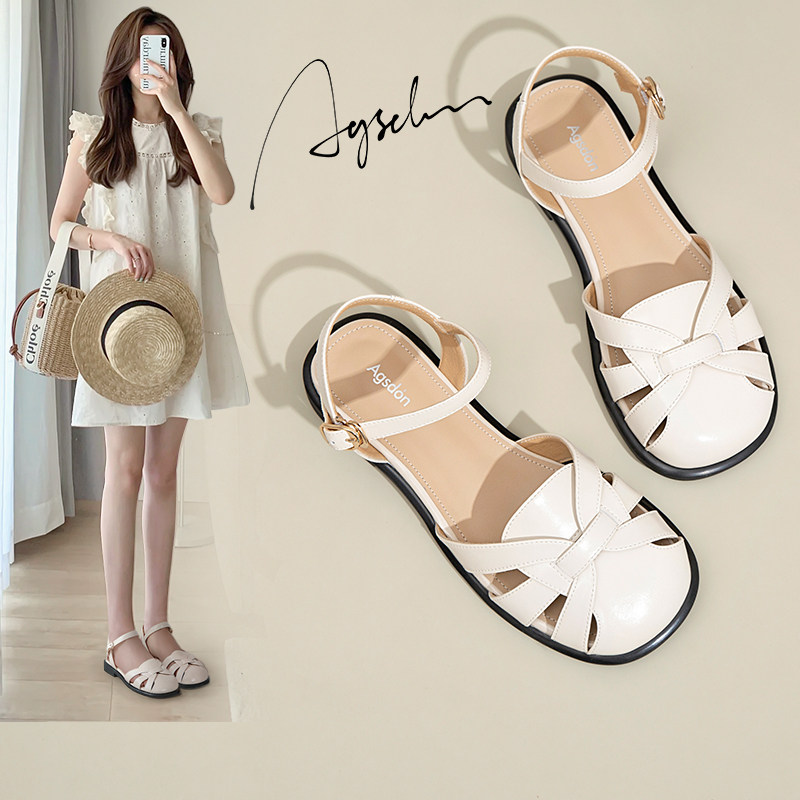 奥古狮登真皮罗马凉鞋女2023年新款夏季仙女风配裙子法式包头镂空