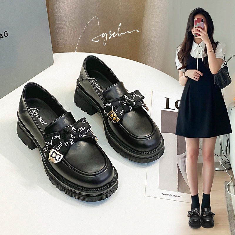 奥古狮登厚底乐福鞋女2023夏新款女鞋春秋英伦风小皮鞋黑色jk单鞋
