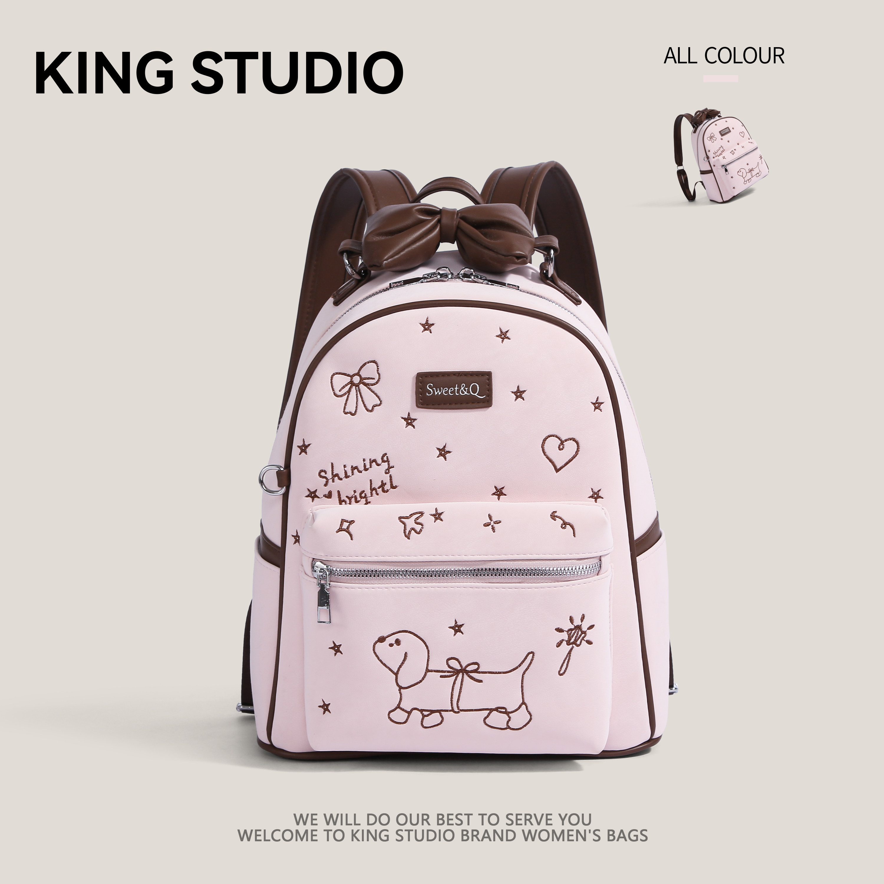 可爱粉色刺绣腊肠狗双肩包女2026新款大容量通勤学生书包日常背包