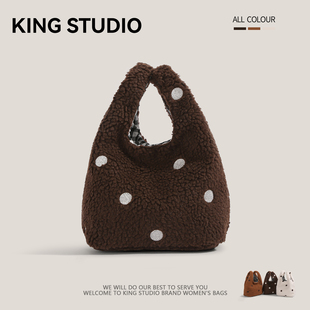 韩系波点毛绒手提包女2026新款潮外出上班通勤杂物收纳包手拎小包