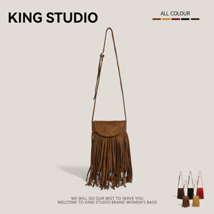 废土牛仔风斜挎小包包女2025新款潮美拉德棕色波西米亚复古流苏包