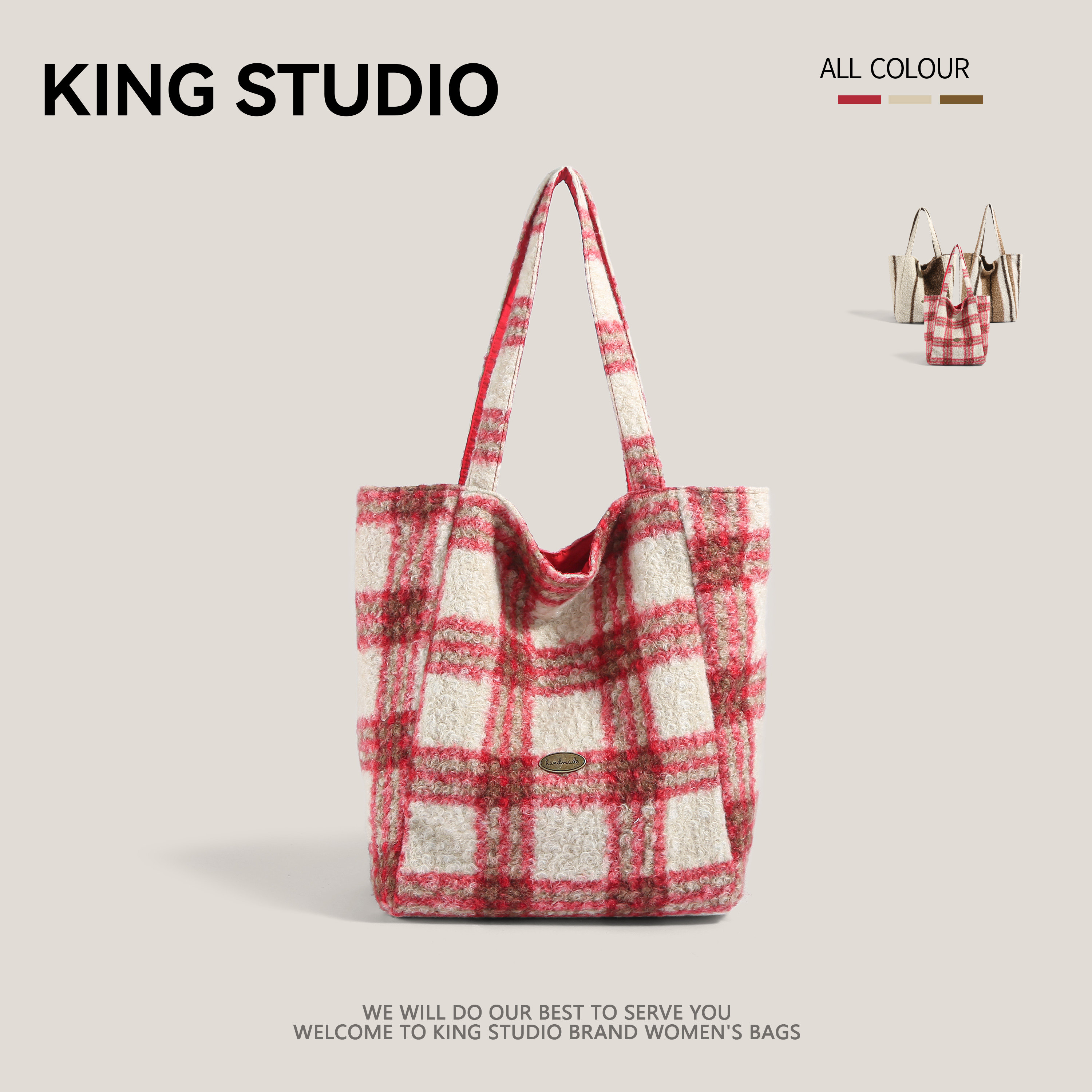 大容量韩国学院风毛呢单肩包女2025新款潮秋冬格纹毛绒通勤托特包