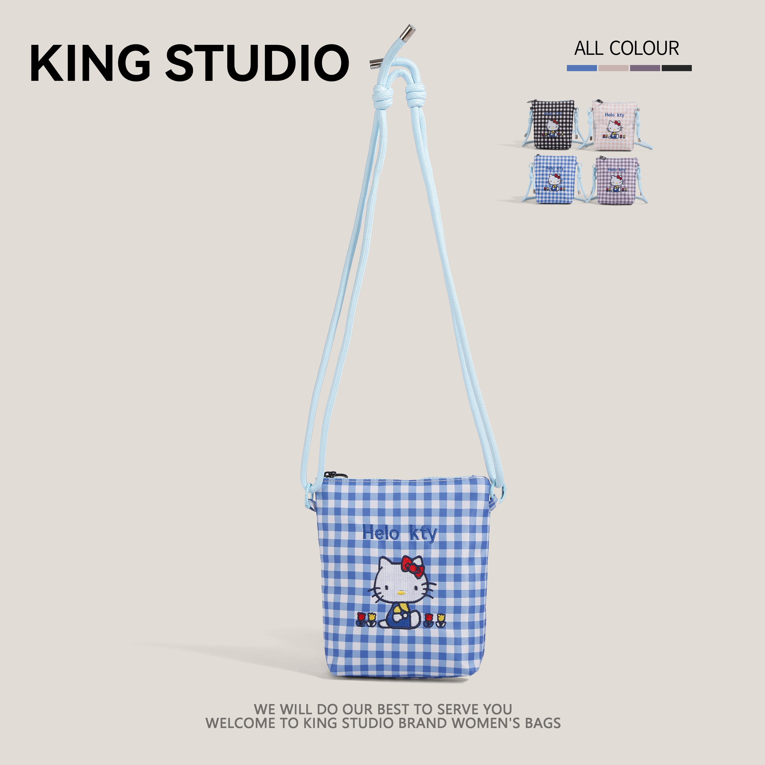 可爱HelloKitty手机包女2026新款卡通凯蒂猫迷你格子单肩斜挎小包