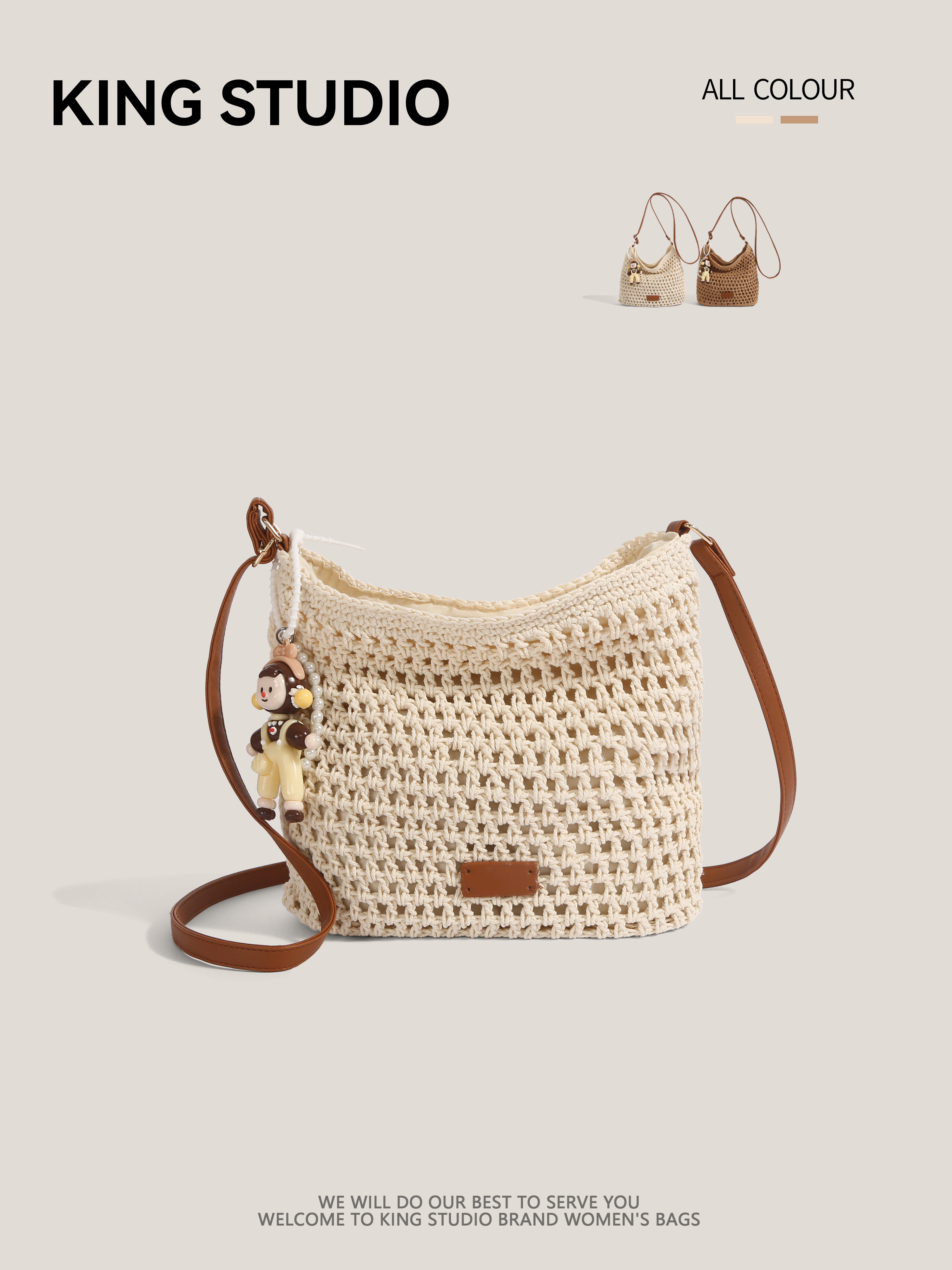 Women's Handmade Cotton Cord Woven Bag, Casual Shoulder Crossbody Beach Tote - Thumbnail 3