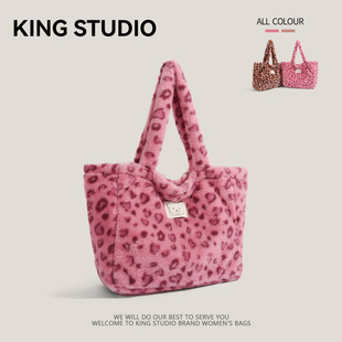 软糯糯豹纹毛绒手提包女2025秋冬新款小众通勤单肩包大容量托特包