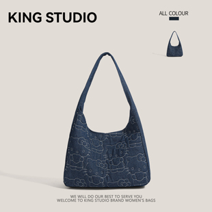 可爱卡通kt猫牛仔包包女2025新款 春夏大容量单肩包学生通勤托特包